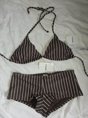 NWT Forever 21 Dark Brown & White Striped Swim Suit Set Bottoms S Top XL